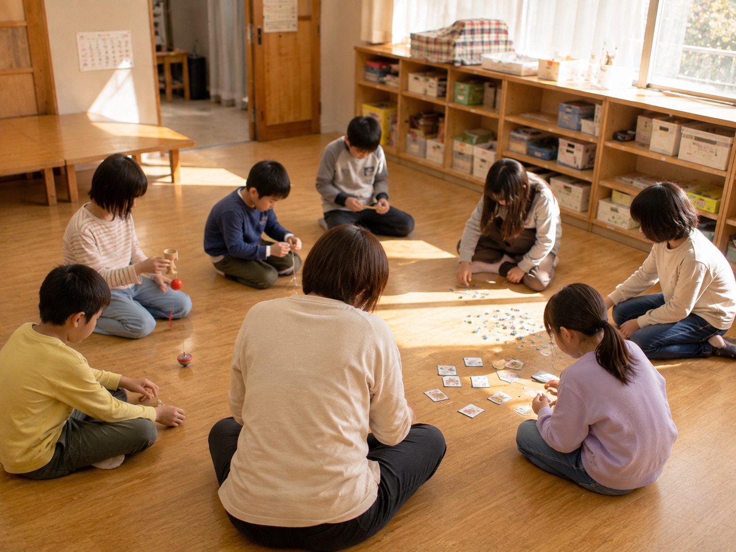 日のさす板の間で、こどもたちと支援員が輪になって座り、こま回しやカード遊びをしている