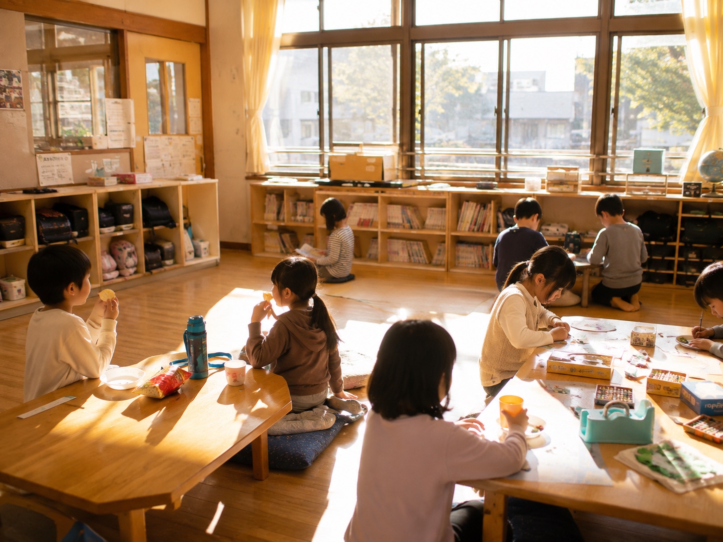夕日のさす部屋で、こどもたちが低い木の机を囲んでおやつを食べたり、工作をしたりしている