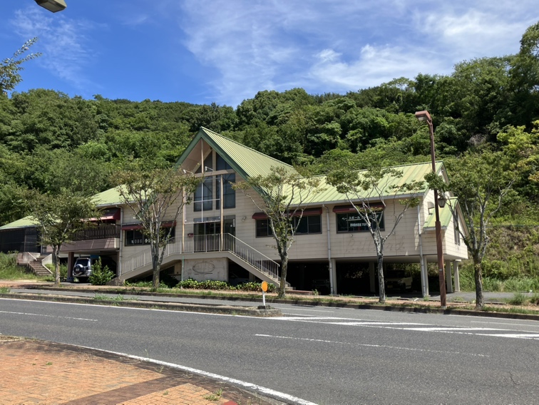 山を背にした大きな建物。緑の三角屋根で、外に階段があり、道路をはさんで向かい側から撮っている